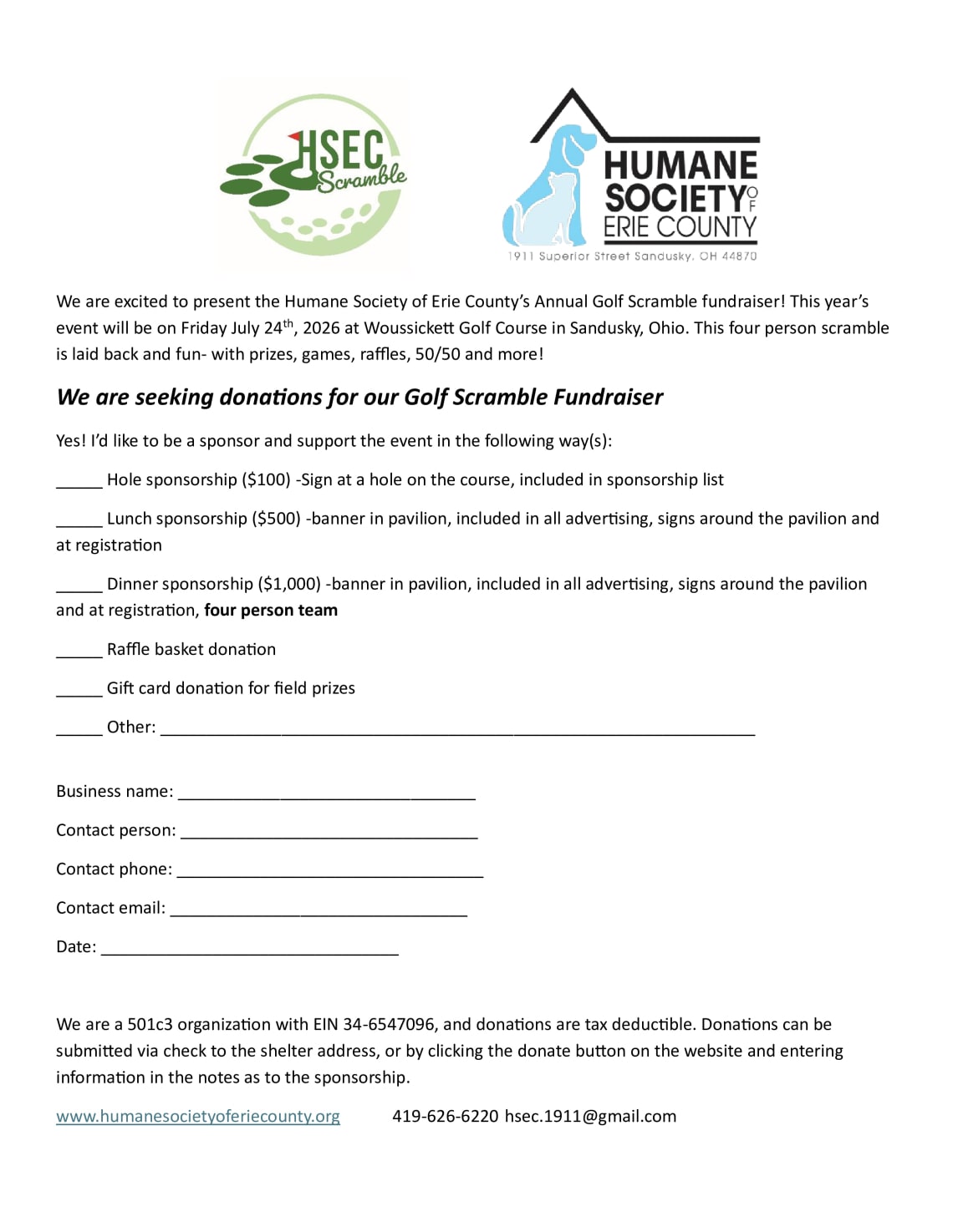 Golf Scramble Sponsors Needed! 